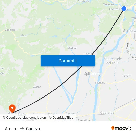 Amaro to Caneva map