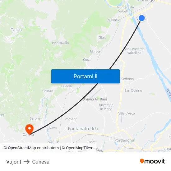 Vajont to Caneva map