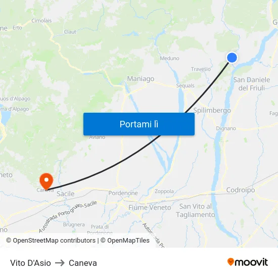 Vito D'Asio to Caneva map