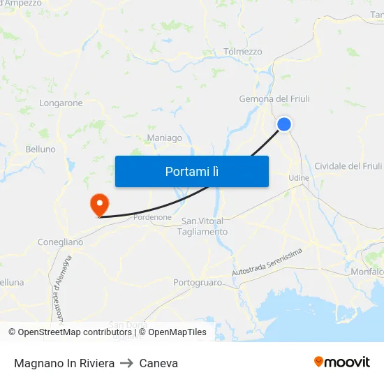 Magnano In Riviera to Caneva map