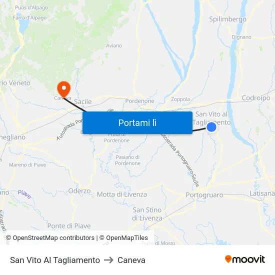 San Vito Al Tagliamento to Caneva map