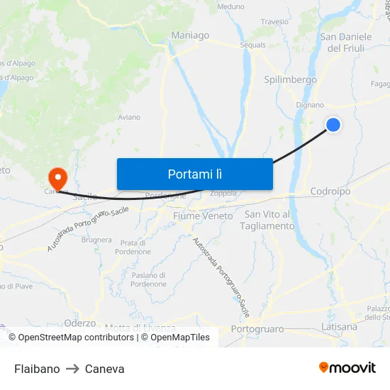 Flaibano to Caneva map