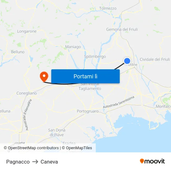 Pagnacco to Caneva map