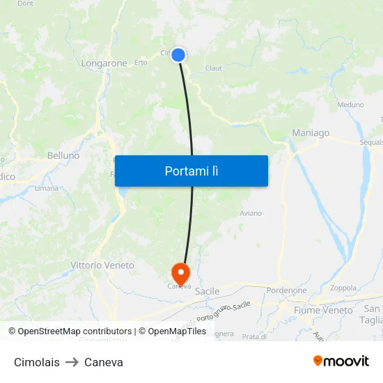 Cimolais to Caneva map