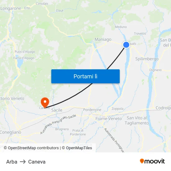 Arba to Caneva map