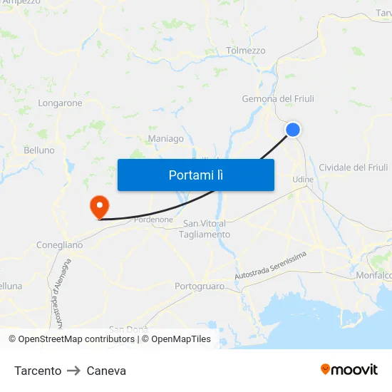 Tarcento to Caneva map