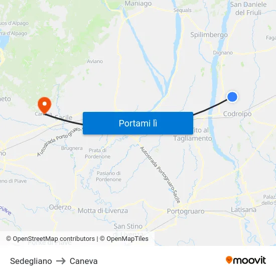 Sedegliano to Caneva map