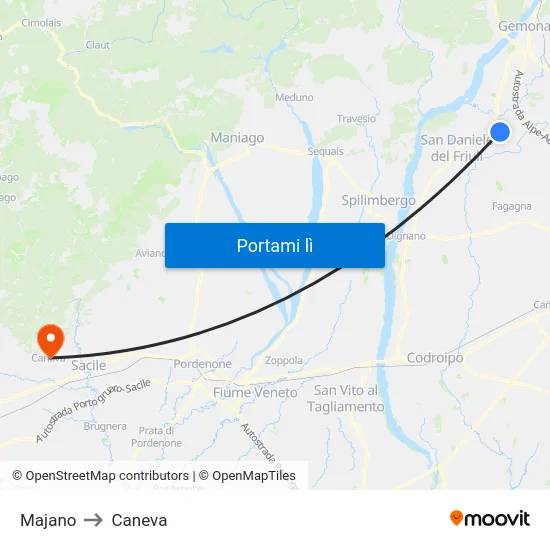 Majano to Caneva map