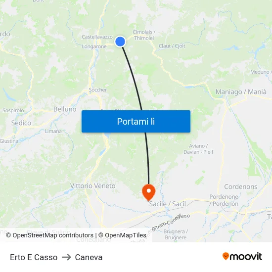 Erto E Casso to Caneva map