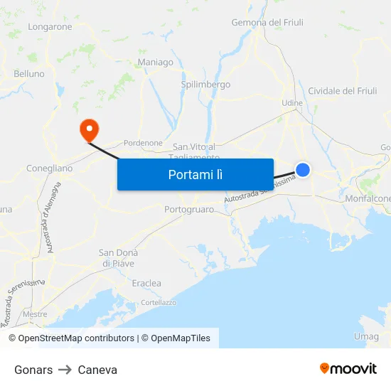 Gonars to Caneva map