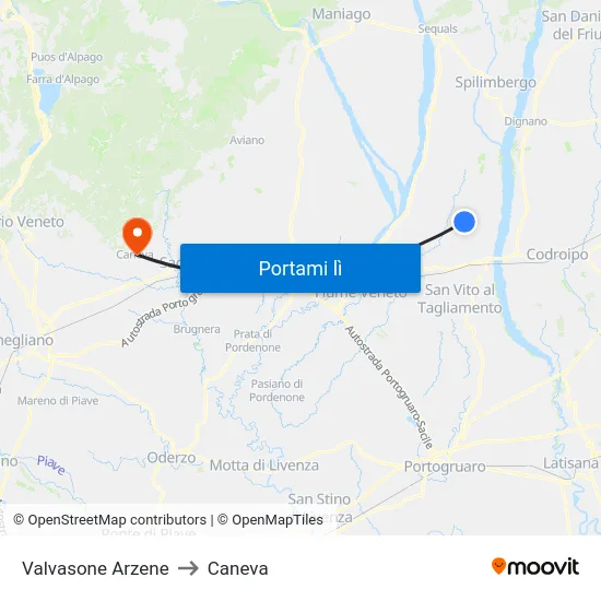 Valvasone Arzene to Caneva map