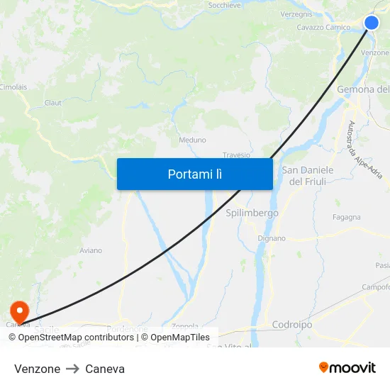 Venzone to Caneva map