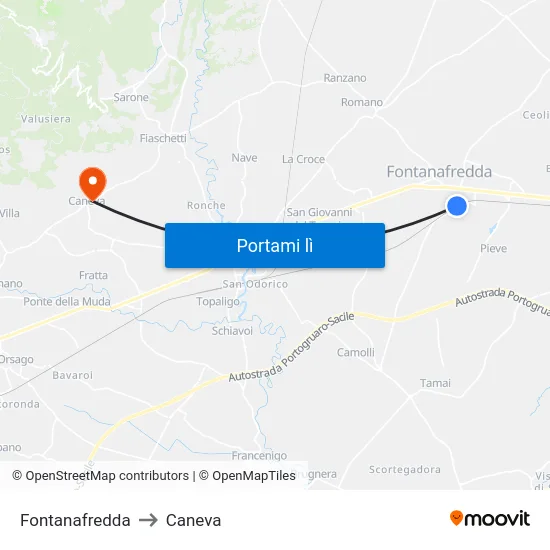 Fontanafredda to Caneva map