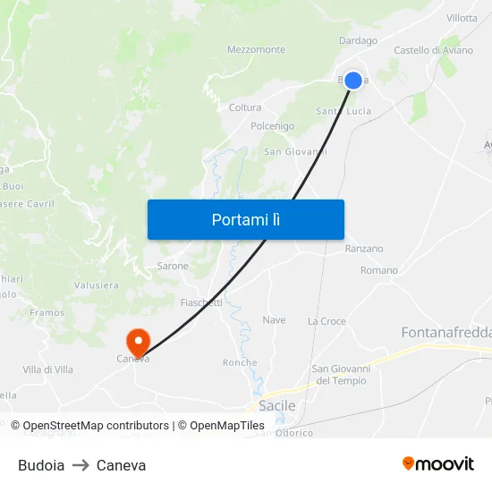 Budoia to Caneva map