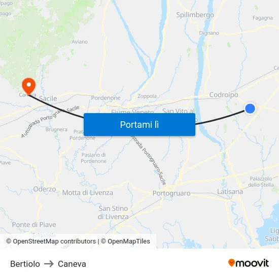 Bertiolo to Caneva map