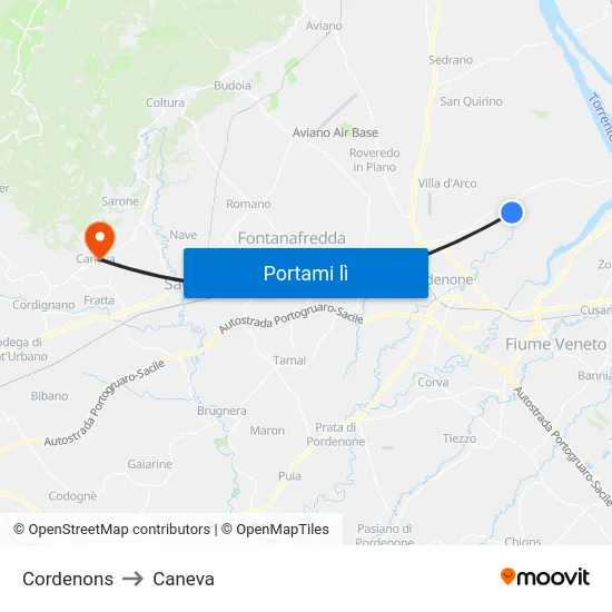 Cordenons to Caneva map