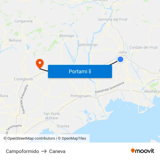 Campoformido to Caneva map