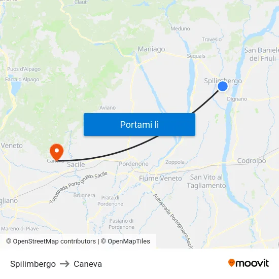 Spilimbergo to Caneva map