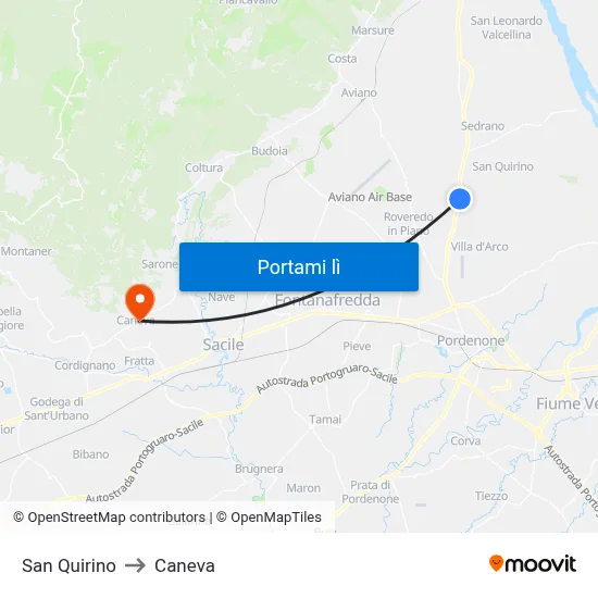 San Quirino to Caneva map