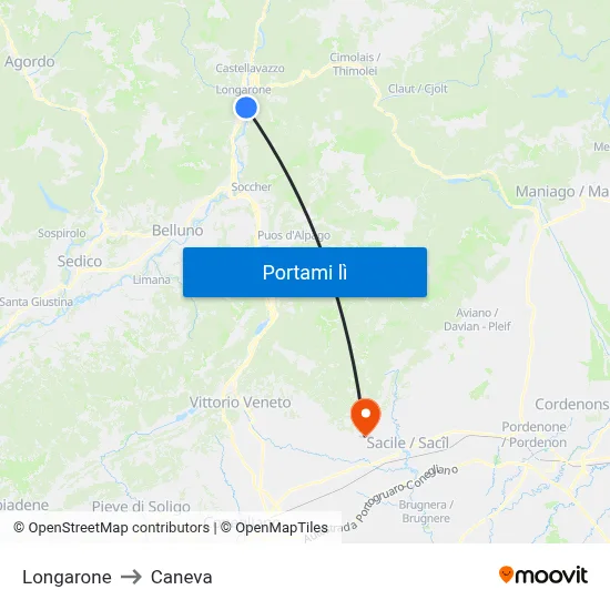 Longarone to Caneva map