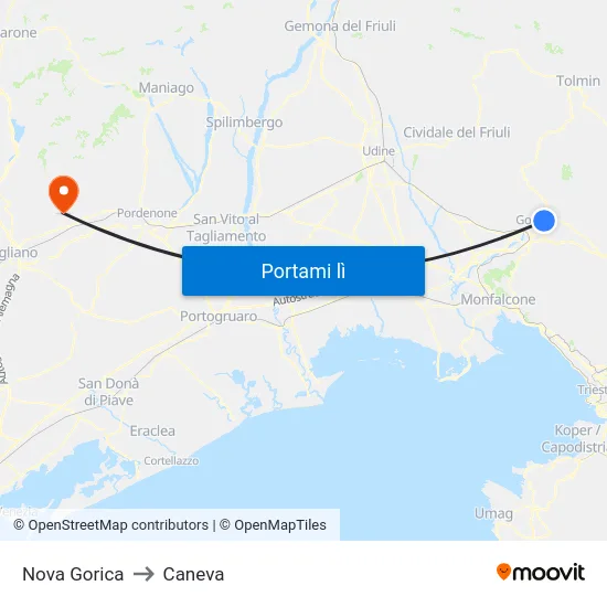 Nova Gorica to Caneva map