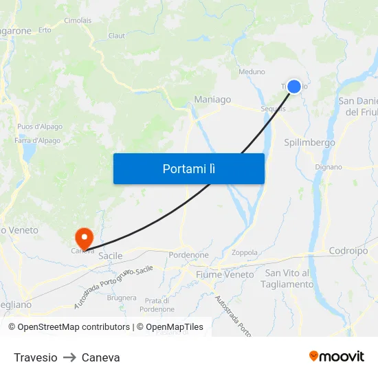 Travesio to Caneva map