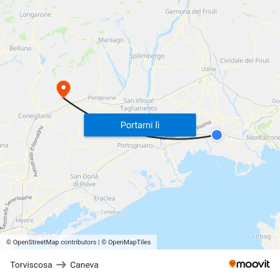 Torviscosa to Caneva map
