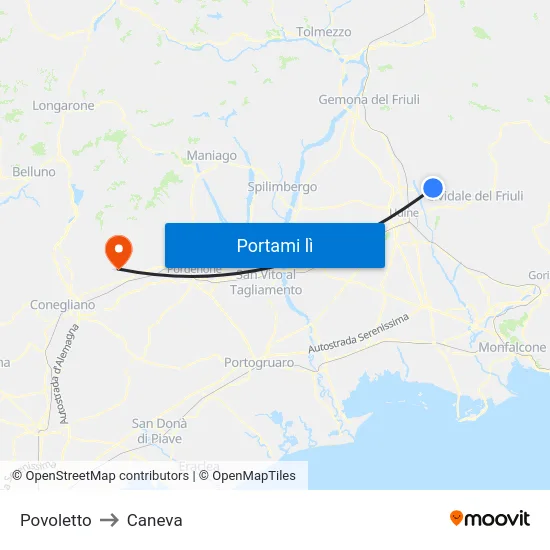 Povoletto to Caneva map