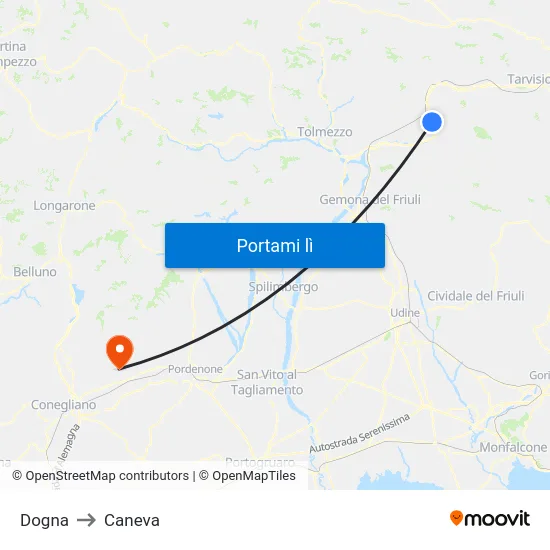 Dogna to Caneva map