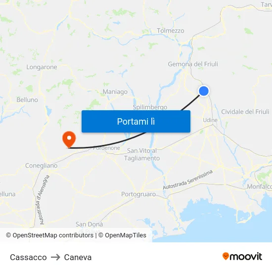 Cassacco to Caneva map