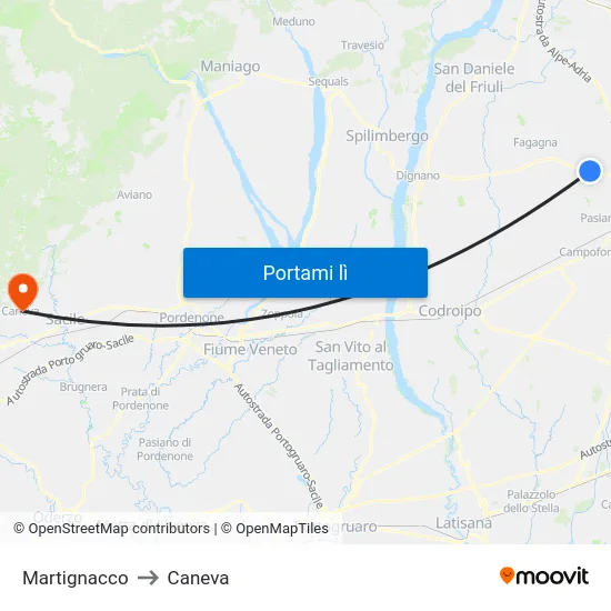 Martignacco to Caneva map