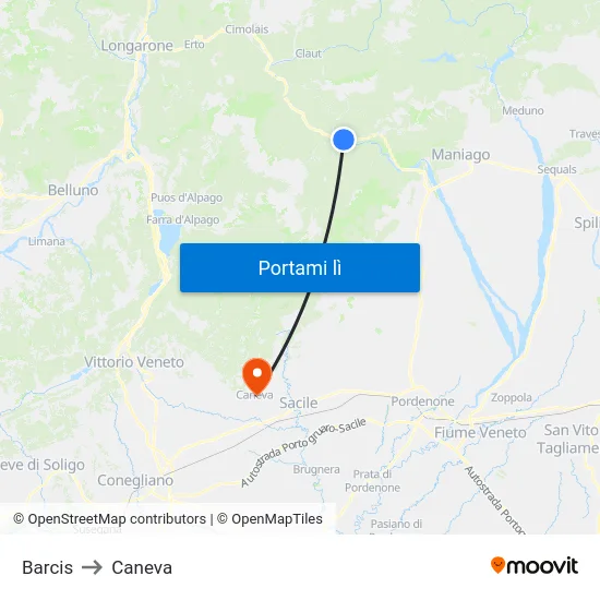 Barcis to Caneva map