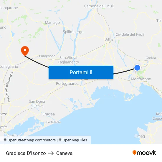 Gradisca D'Isonzo to Caneva map