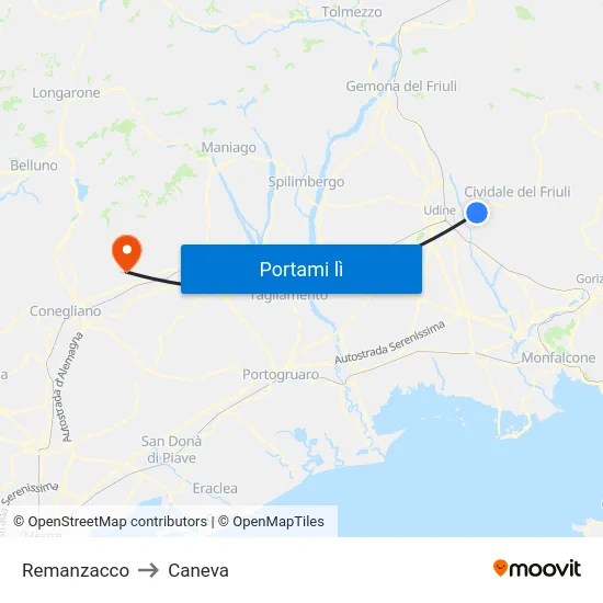 Remanzacco to Caneva map