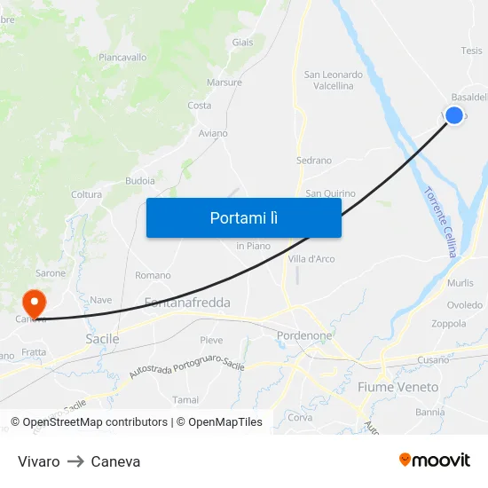 Vivaro to Caneva map