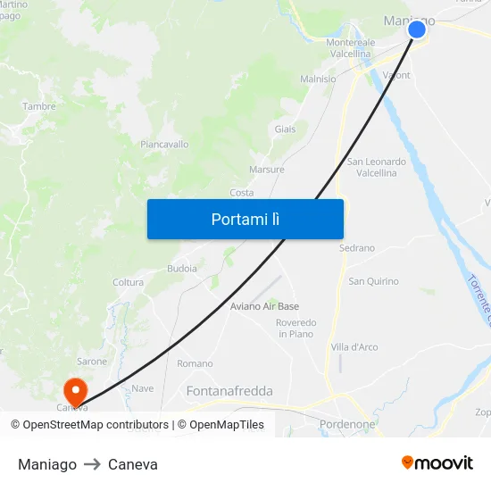 Maniago to Caneva map