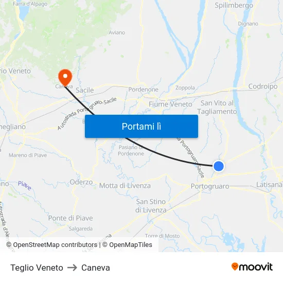 Teglio Veneto to Caneva map