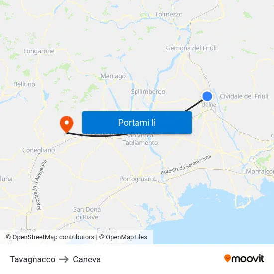 Tavagnacco to Caneva map