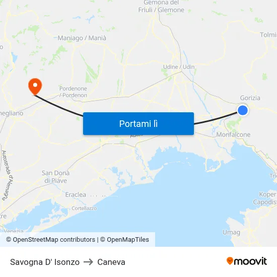 Savogna D' Isonzo to Caneva map