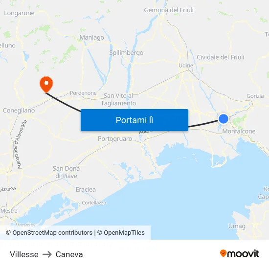 Villesse to Caneva map