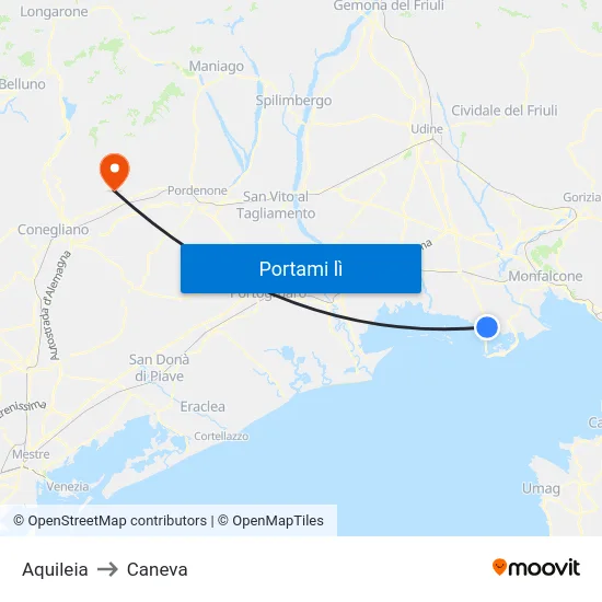 Aquileia to Caneva map