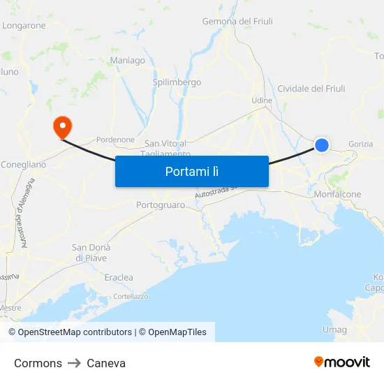 Cormons to Caneva map