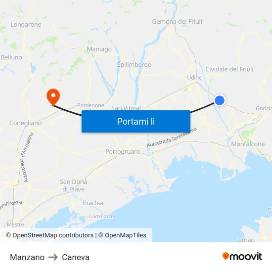Manzano to Caneva map