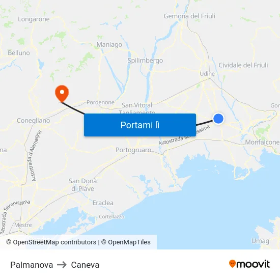 Palmanova to Caneva map