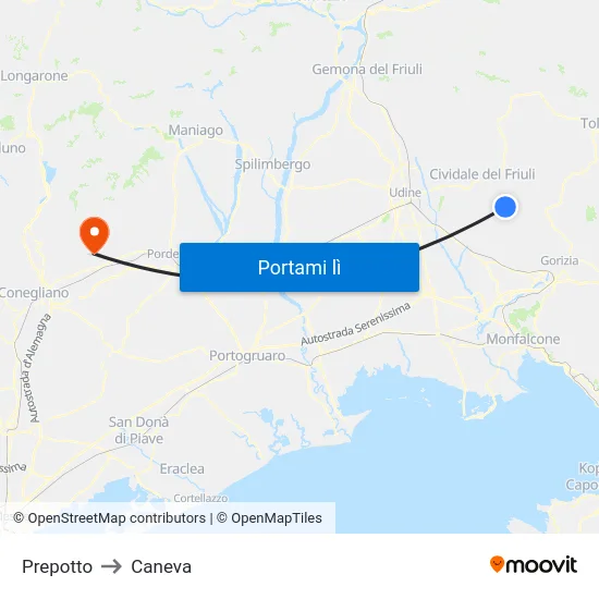 Prepotto to Caneva map