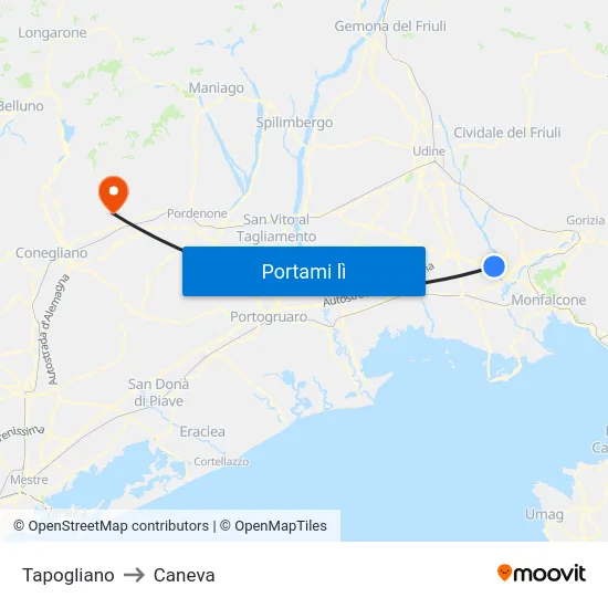 Tapogliano to Caneva map