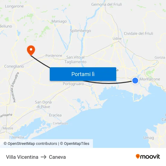 Villa Vicentina to Caneva map