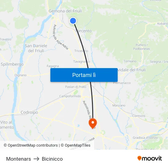 Montenars to Bicinicco map