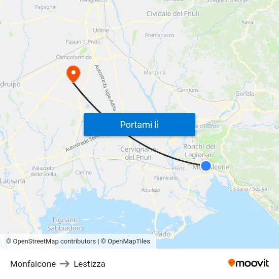 Monfalcone to Lestizza map