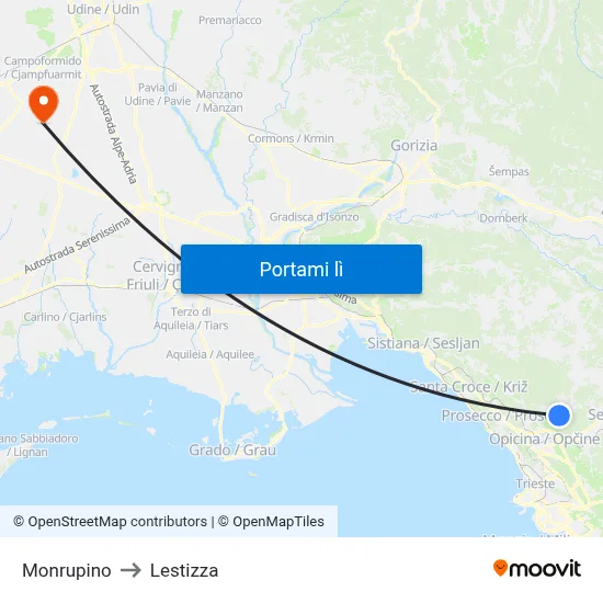Monrupino to Lestizza map